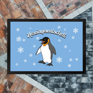 Fußmatte mit niedlichem Pinguin-Motiv und Schneeflocken - Hereingewatschelt