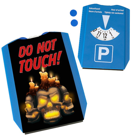 Totenkopf mit Kerzen und Spruch - Do not touch Parkscheibe mit Eiskratzer