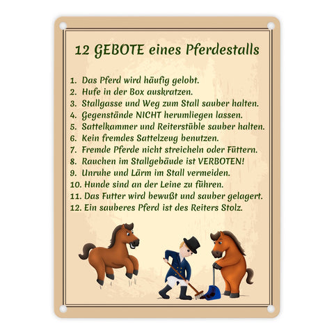 12 Gebote eines Pferdestalls Metallschild in 15x20 cm