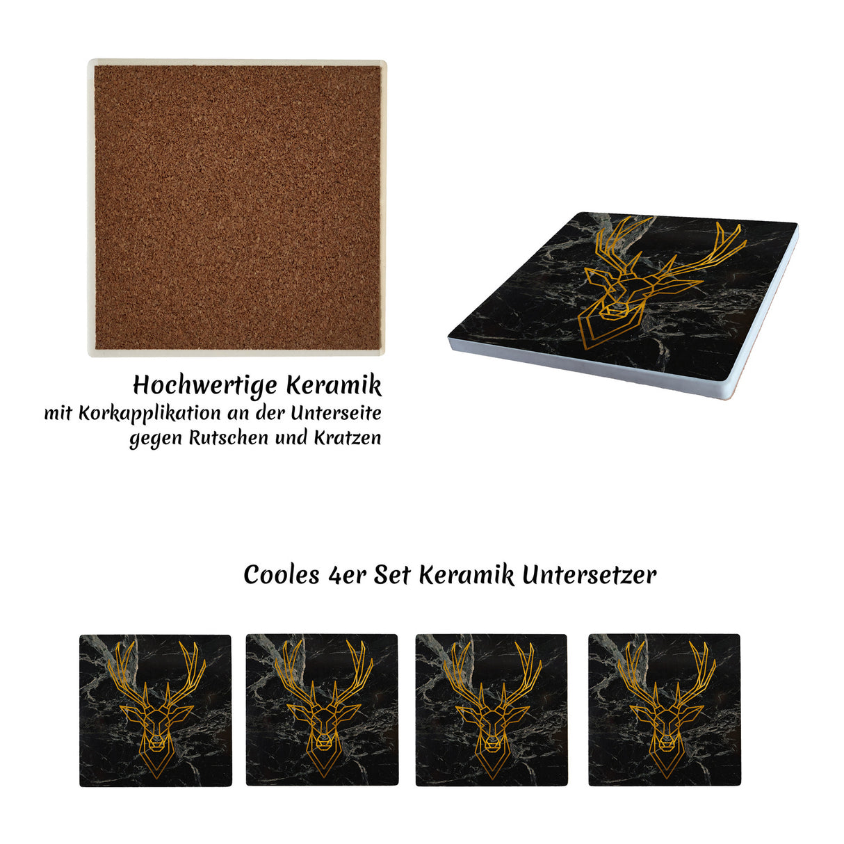 Hirsch Untersetzer in gold mit Hintergrund in Marmoroptik
