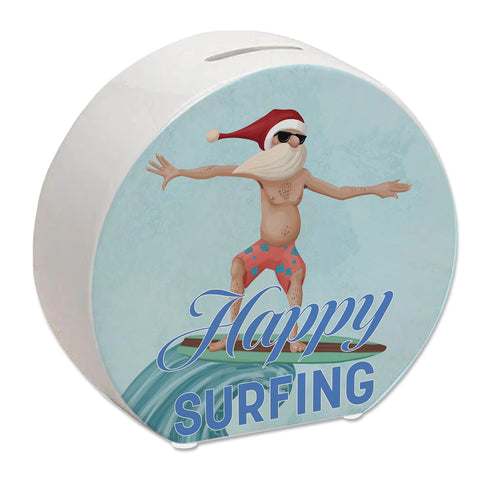 Happy Surfing witzige Spardose mit Weihnachtsmann auf Surfbrett