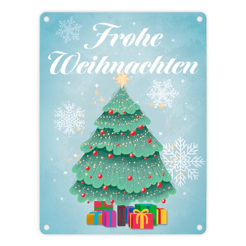 Frohe Weihnachten mit Weihnachtsbaum und Schneeflocken Metallschild