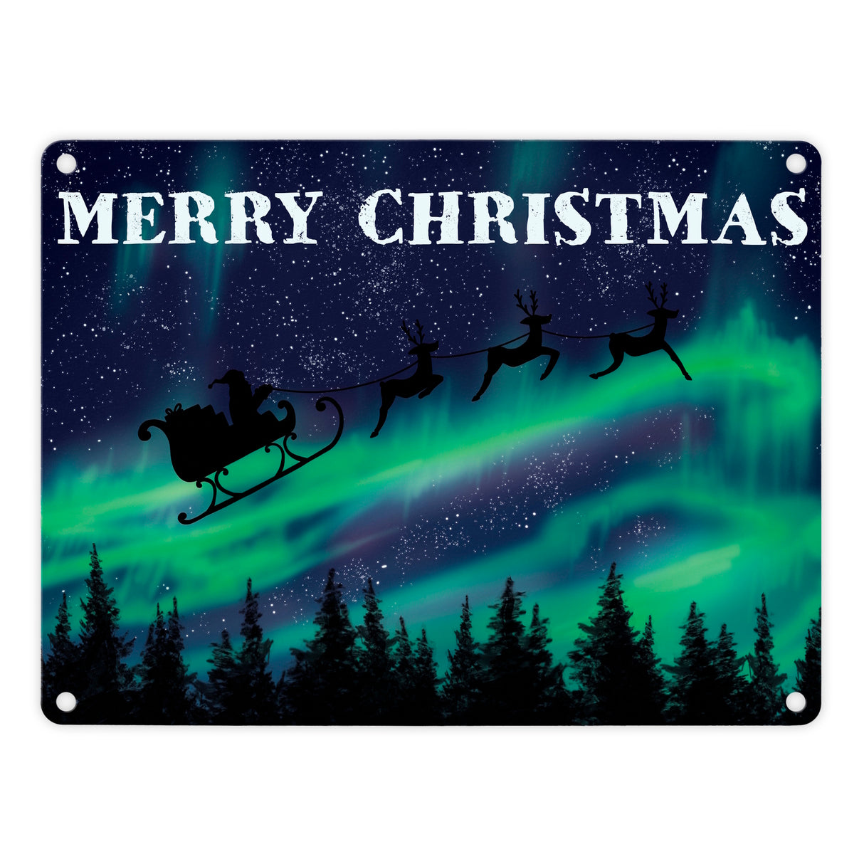 Merry Christmas Blechschild mit Nordlichtern und dem Weihnachtsmann