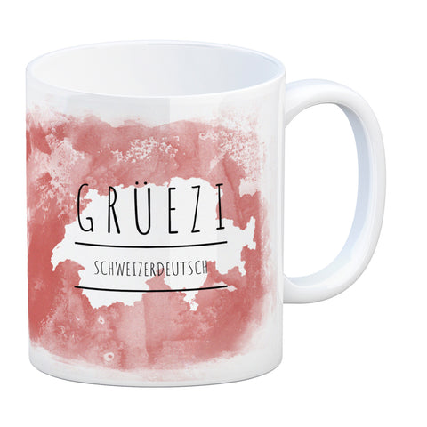Hallo auf Schweizerdeutsch Grüezi lustiger Kaffeebecher mit rotem Hintergrund