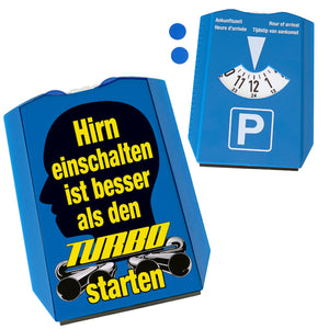 Raser Parkscheibe mit Turbo Motiv in Blau-Gelb mit 2 Einkaufswagenchips