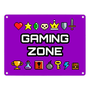 Gaming Zone Metallschild mit Pixel-Items für Zocker in lila