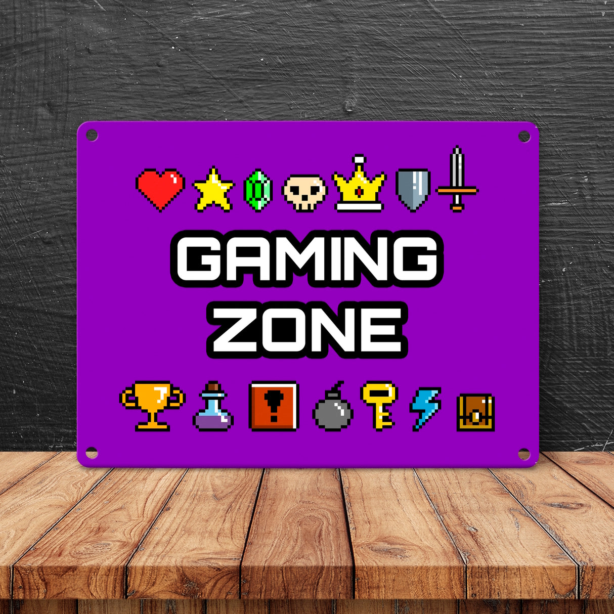 Gaming Zone Metallschild mit Pixel-Items für Zocker in lila