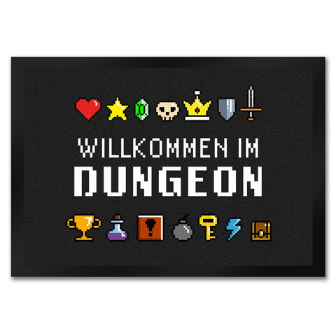 Willkommen im Dungeon Fußmatte für Gamer mit bunten Pixel-Items