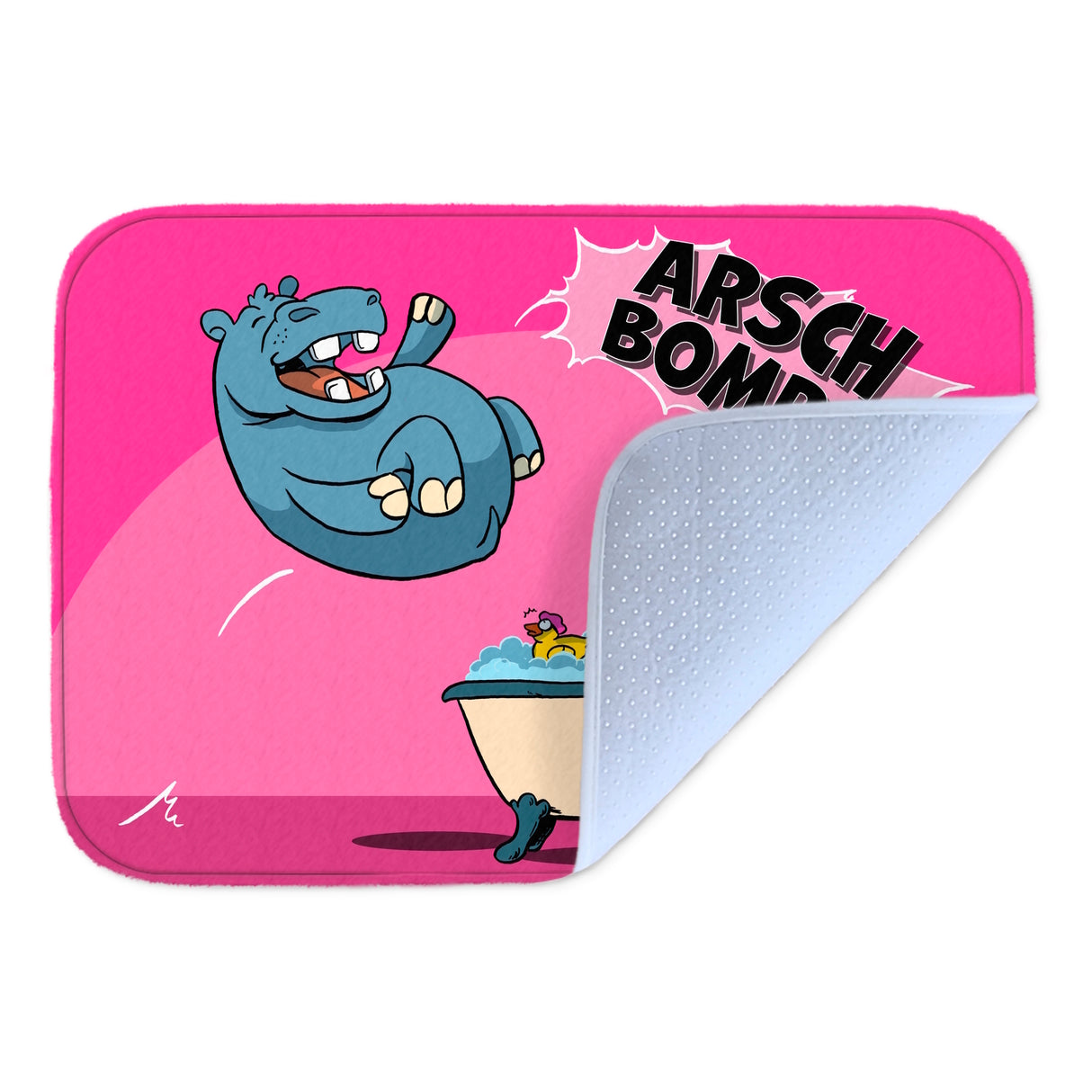 Arschbombe Badematte mit lustigem Comic-Nilpferd und Schaf in pink