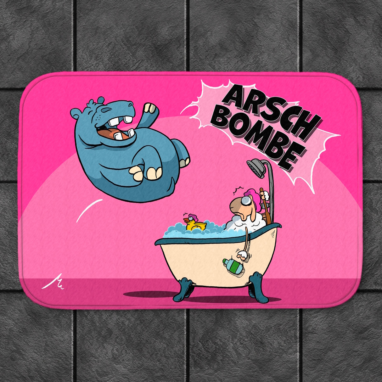 Arschbombe Badematte mit lustigem Comic-Nilpferd und Schaf in pink