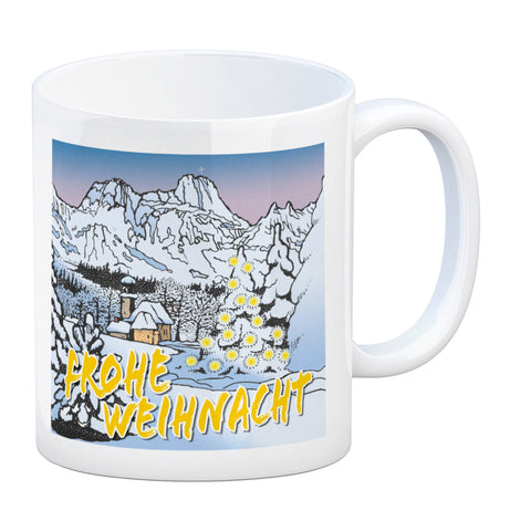 Kaffeebecher zum Thema Weihnachten mit eingeschneiter Landschaft