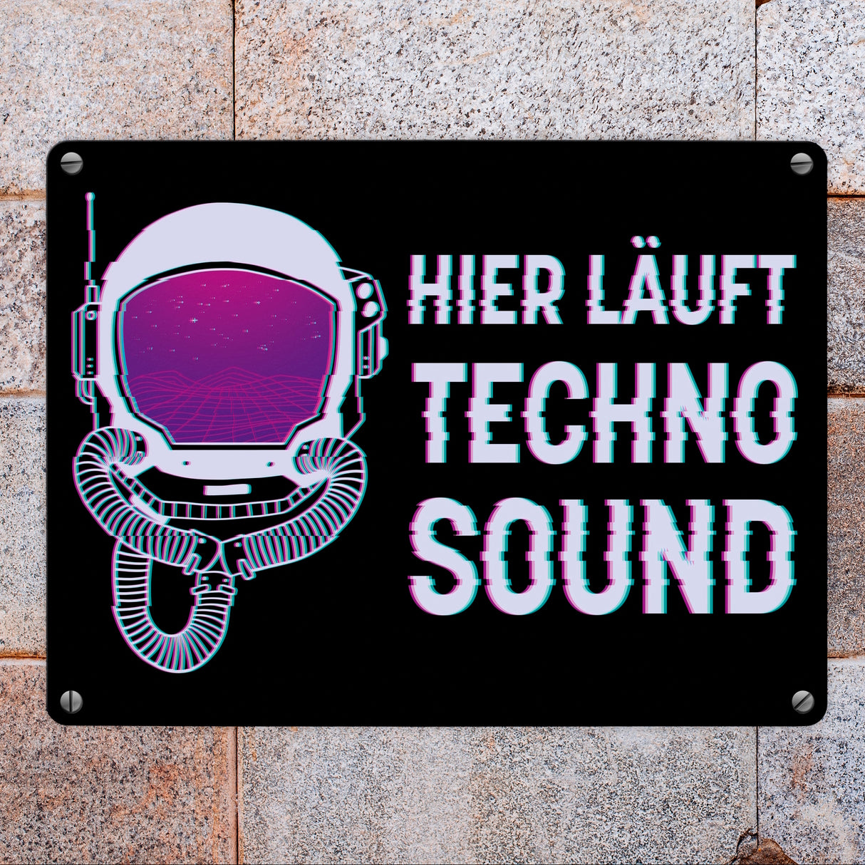 Hier läuft Techno Sound Metallschild mit Astronautenhelm für Raver