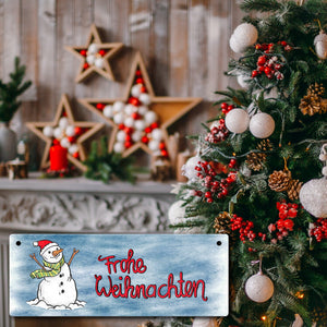 Frohe Weihnachten Metallschild mit Schneemann und blauem Hintergrund