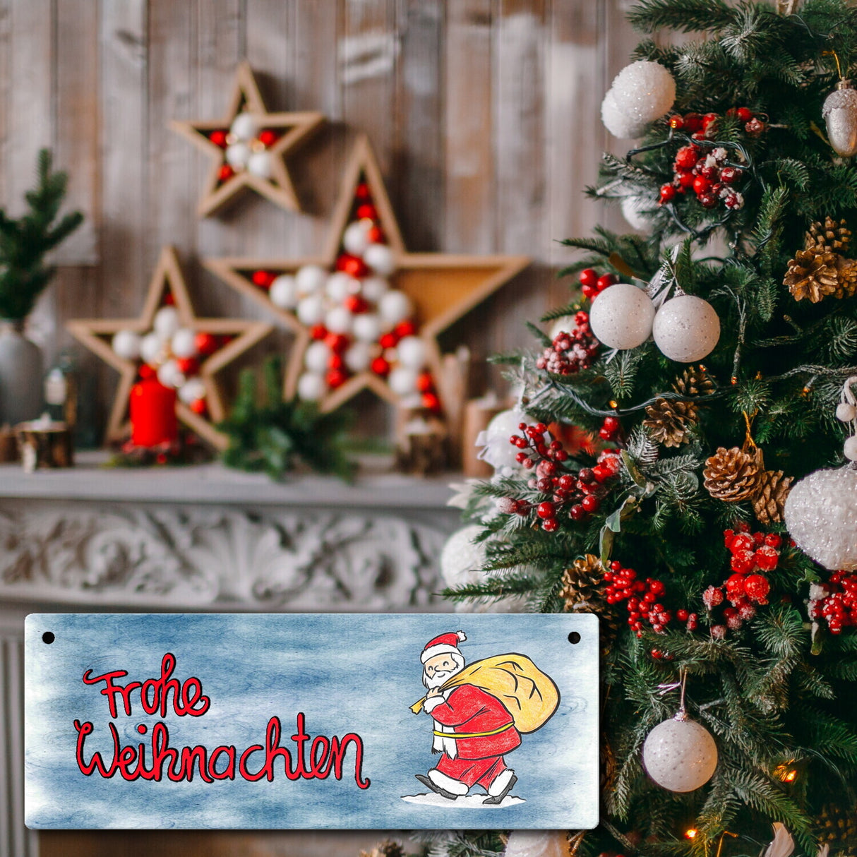 Frohe Weihnachten Metallschild mit Nikolaus und blauem Hintergrund