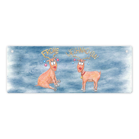 Frohe Weihnachten Metallschild mit Rentiere und blauem Hintergrund