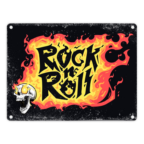 Rock n' Roll Metallschild mit Flammen und Totenkopf