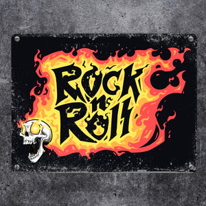 Rock n' Roll Metallschild mit Flammen und Totenkopf