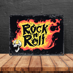 Rock n' Roll Metallschild mit Flammen und Totenkopf