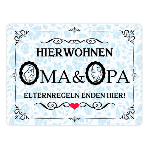 Hier wohnen Oma & Opa Metallschild im Vintage-Look