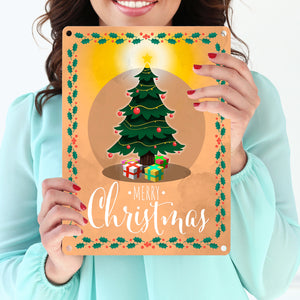 Merry Christmas Metallschild mit andächtigem Weihnachtsbaum