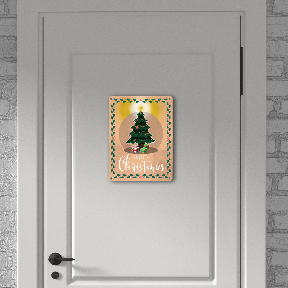 Merry Christmas Metallschild mit andächtigem Weihnachtsbaum