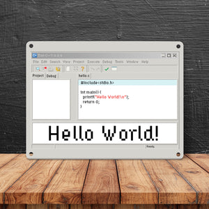 Hello World witziges Metallschild für Programmierer mit Quellcode
