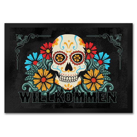 Willkommen Fußmatte mit Totenkopf und Blumenmotiv