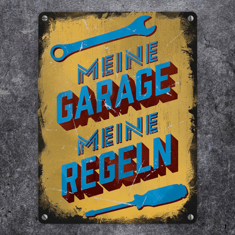 Meine Garage meine Regeln Metallschild im Used-Look