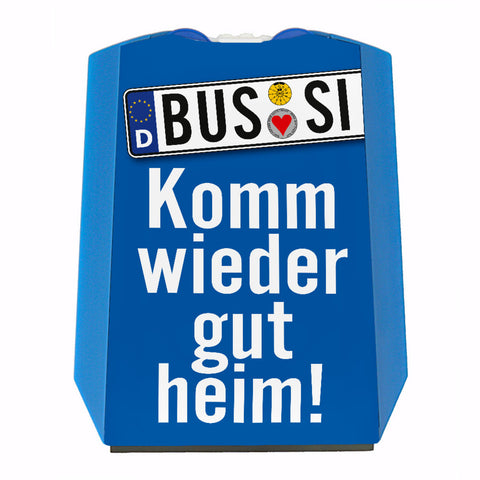 Sicherheit im Straßenverkehr Parkscheibe mit Bussi Motiv mit blauem Hintergrund