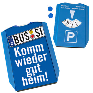 Sicherheit im Straßenverkehr Parkscheibe mit Bussi Motiv mit blauem Hintergrund