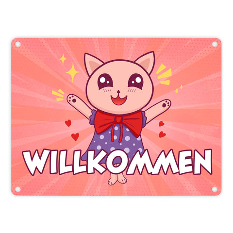 Willkommen Metallschild mit süßem Manga Kätzchen