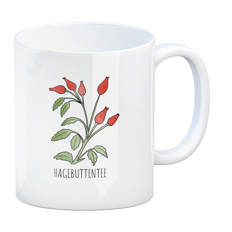 Hagebuttentee Teetasse mit Hagebuttenpflanze für Teetrinker