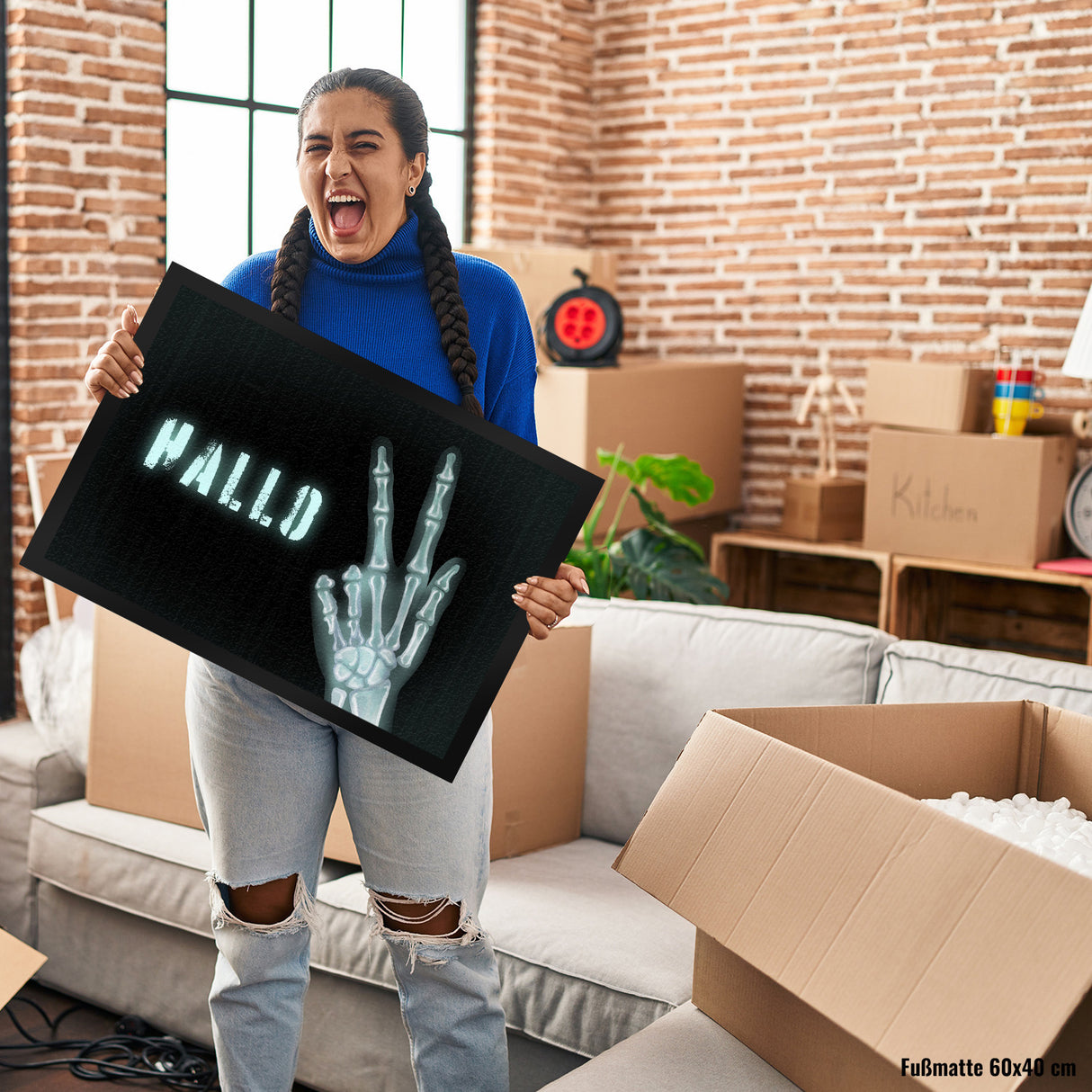 Hallo Fußmatte mit Röntgenbild von Hand mit Peacezeichen