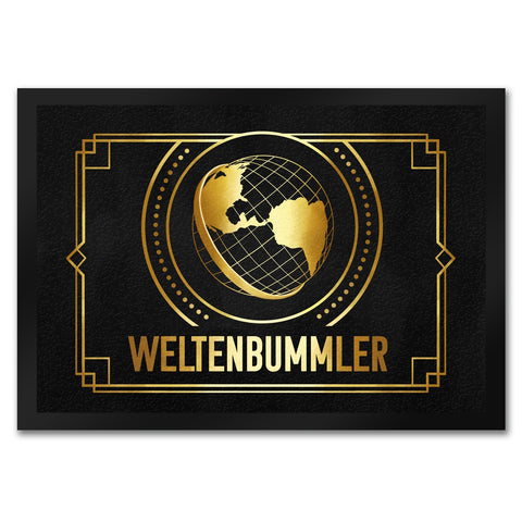 Weltenbummler Fußmatte mit goldenem Globus und Reisemotiv