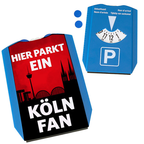 Hier parkt ein Köln Fan Parkscheibe in Vereinsfarben