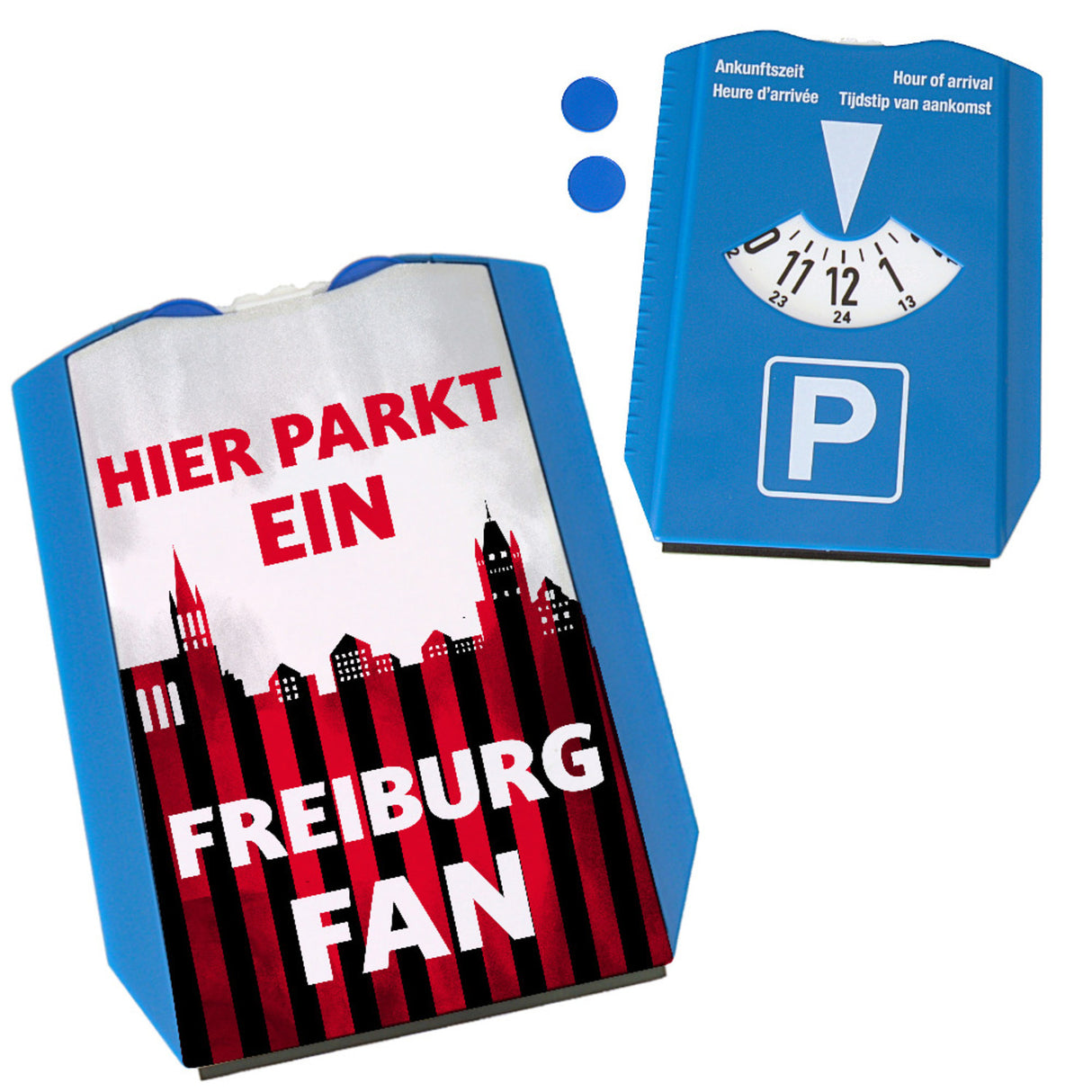 Hier parkt ein Freiburg Fan Parkscheibe in Vereinsfarben