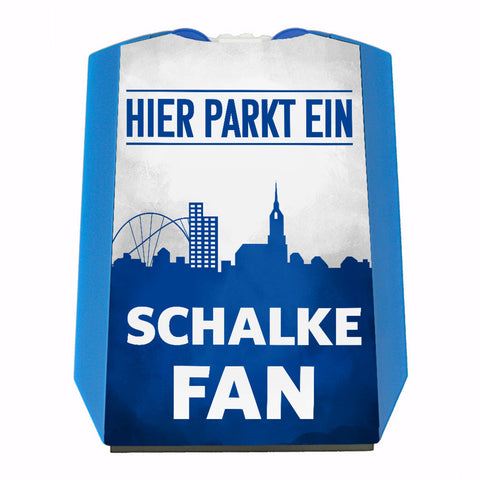 Hier parkt ein Schalke Fan Parkscheibe in Vereinsfarben