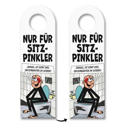 Bitte im Sitzen pinkeln Türhänger im Comic-Stil schwarz