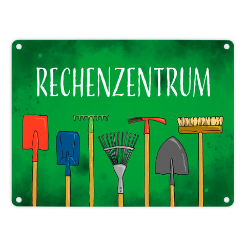 Rechenzentrum Metallschild mit Gartengeräten