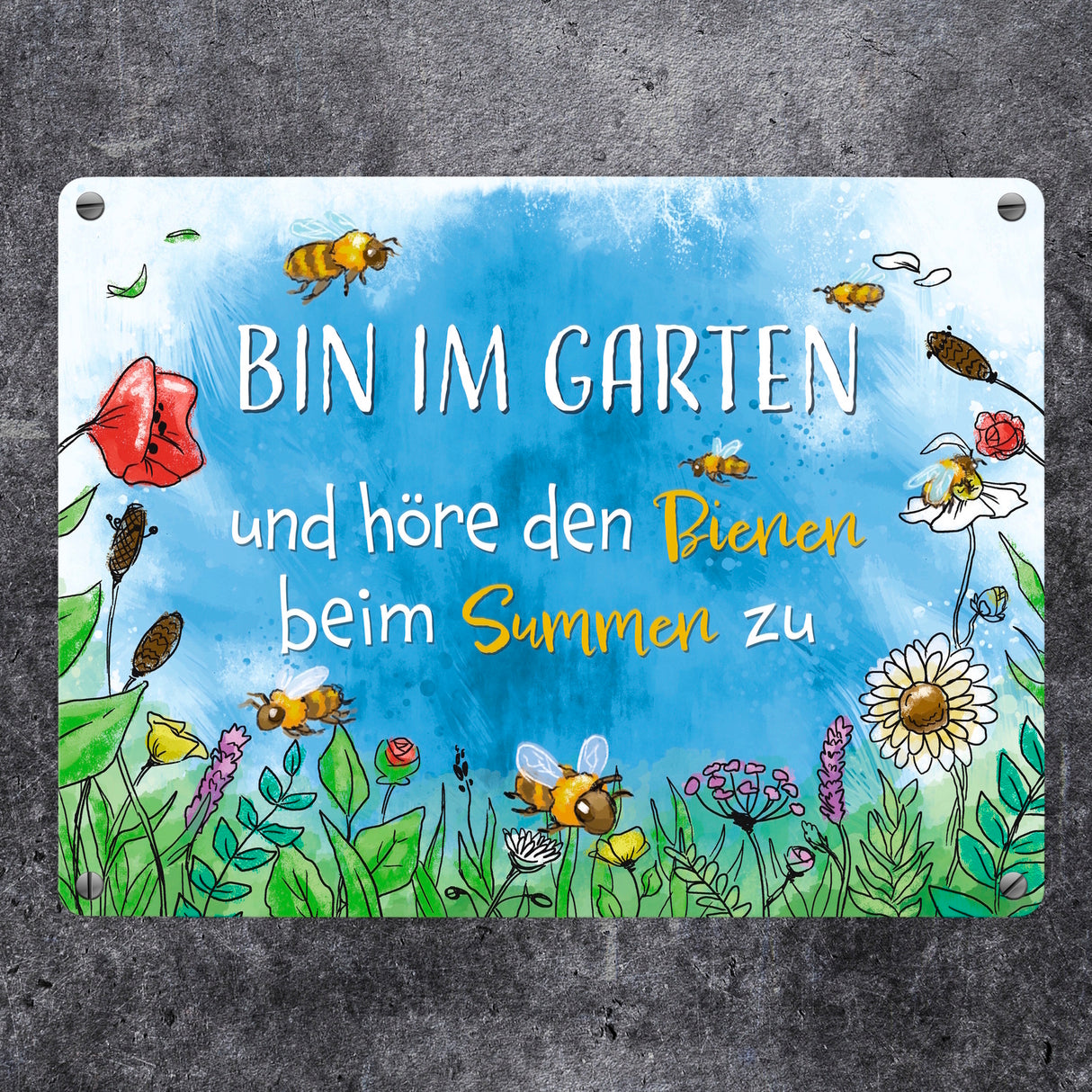 Bin im Garten Metallschild in 15x20 cm mit Blumenwiese und Bienen