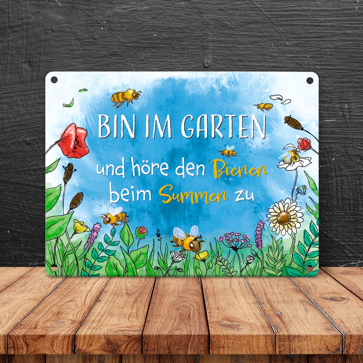 Bin im Garten Metallschild in 15x20 cm mit Blumenwiese und Bienen