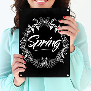 Spring - Frühling Metallschild mit Blumenkranz