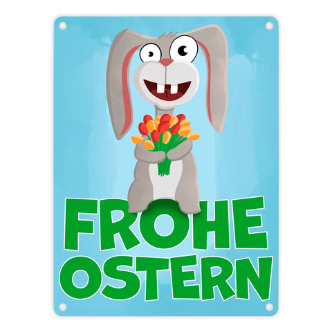 Frohe Ostern Metallschild mit lustigem Osterhasen