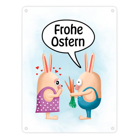 Frohe Ostern Metallschild mit lustigen Hasen