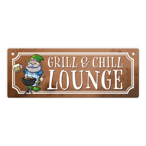 Grill & Chill Lounge Metallschild mit lustigem Gartenzwerg