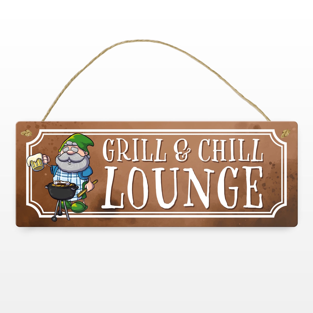Grill & Chill Lounge Metallschild mit lustigem Gartenzwerg