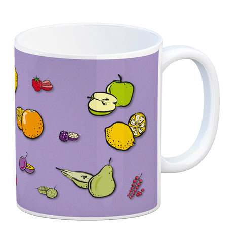 Kaffeebecher in lila zum Thema Obst mit verschiedenen Früchten