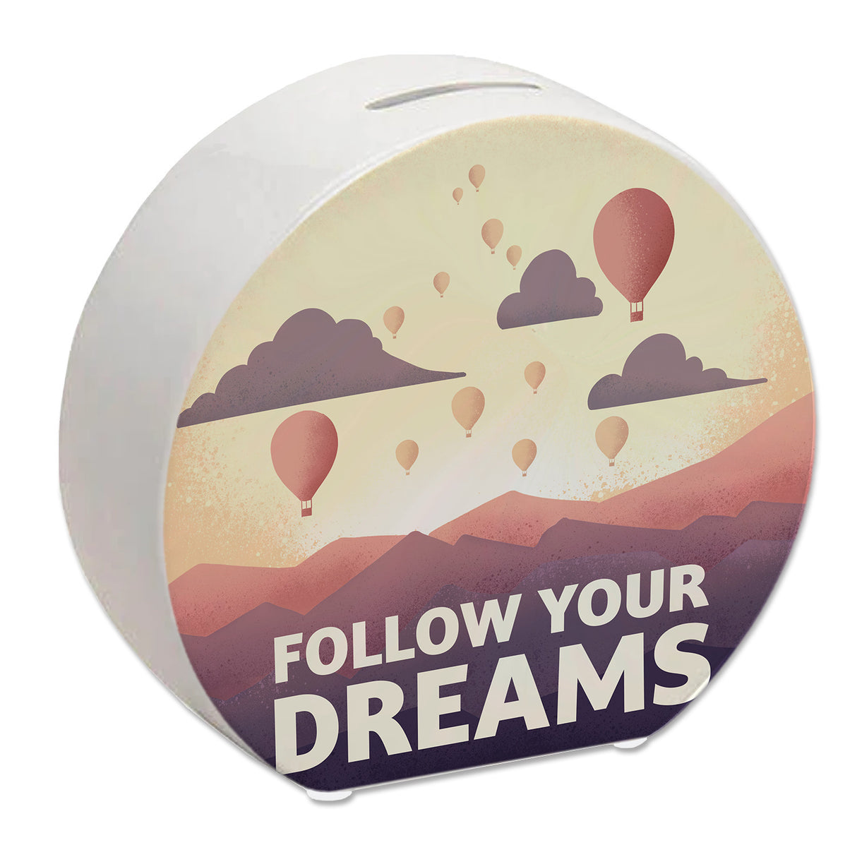 Follow your dreams Spardose mit Heißluftballons und Sonnenuntergang