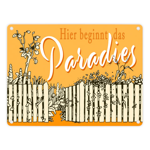 Gartenparadies Metallschild orange zum Thema Urlaub im Garten
