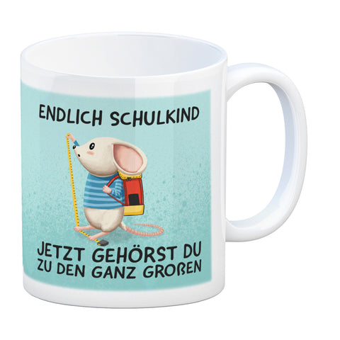 Endlich Schulkind Kaffeebecher mit niedlicher Maus und Spruch